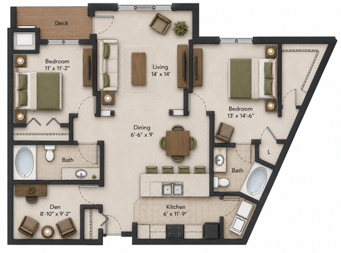 Floor plan for 2 beds, 2 baths, 1349 sqft